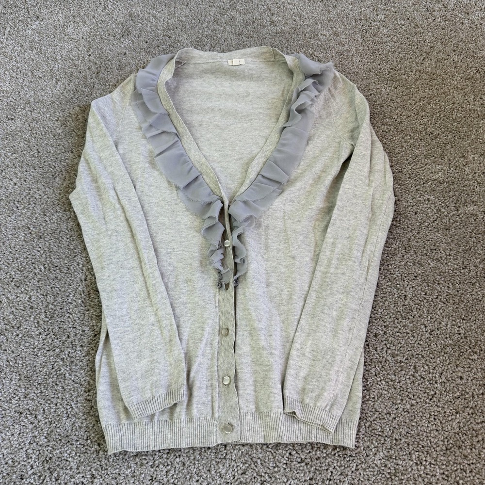 J.Crew Cardigan Sweater Womens XS Gray Ruffle V Neck Button Lightweight Knit